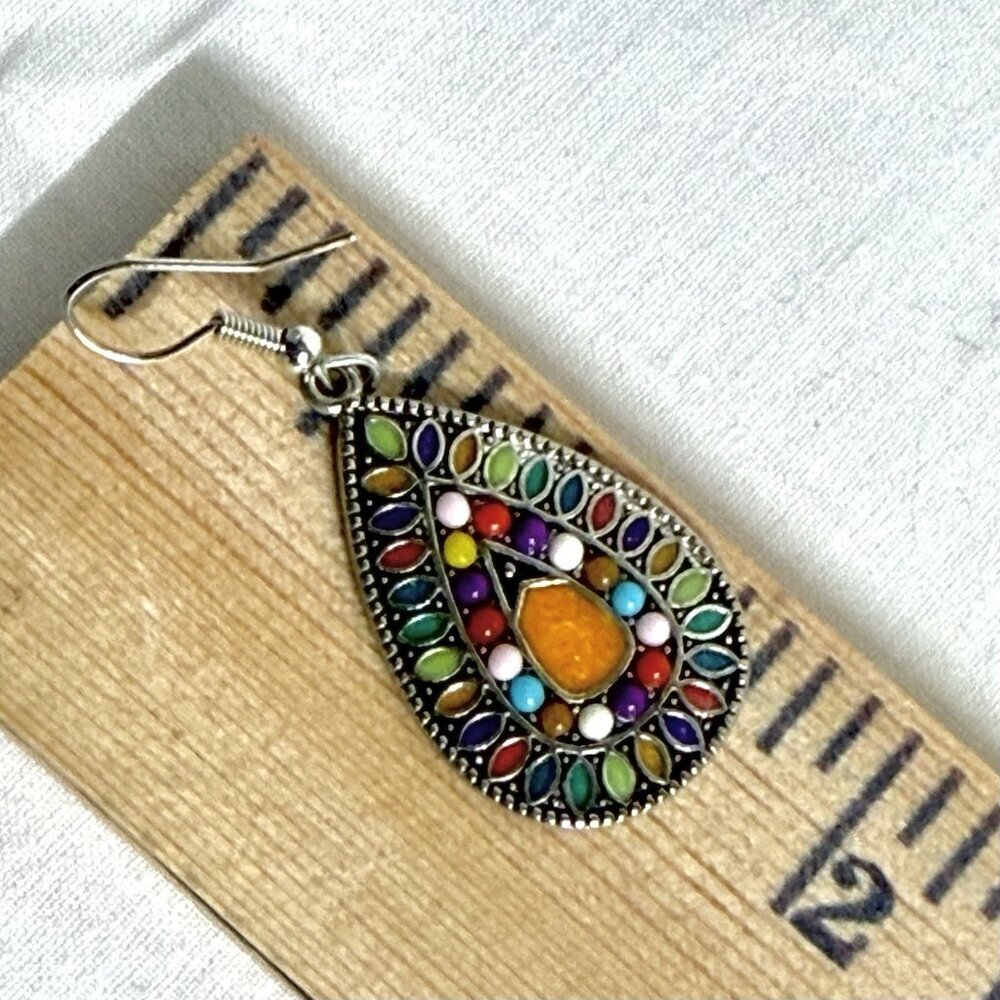Vintage Mosaic Teardrop Dangle Earrings Multicolor Enamel - Picture 7 of 8